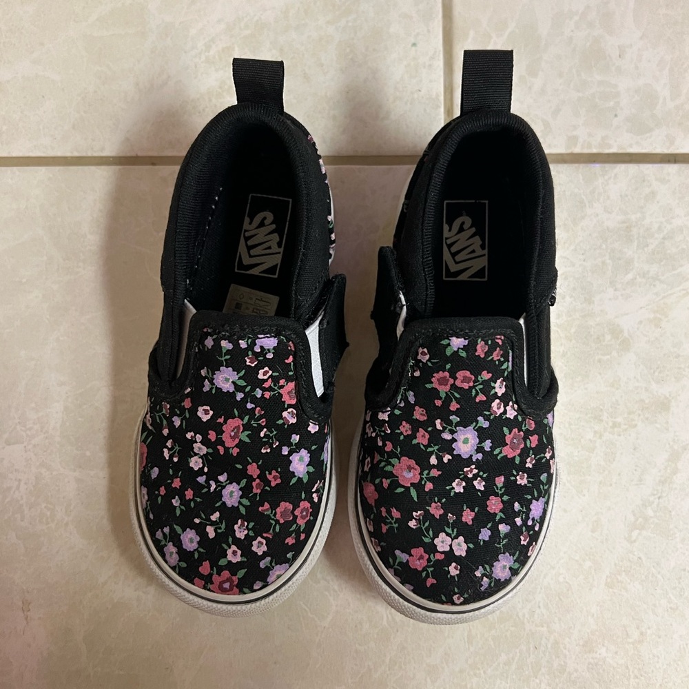 Vans - Black with purple and pink floral print slip on - Size 8 Toddler